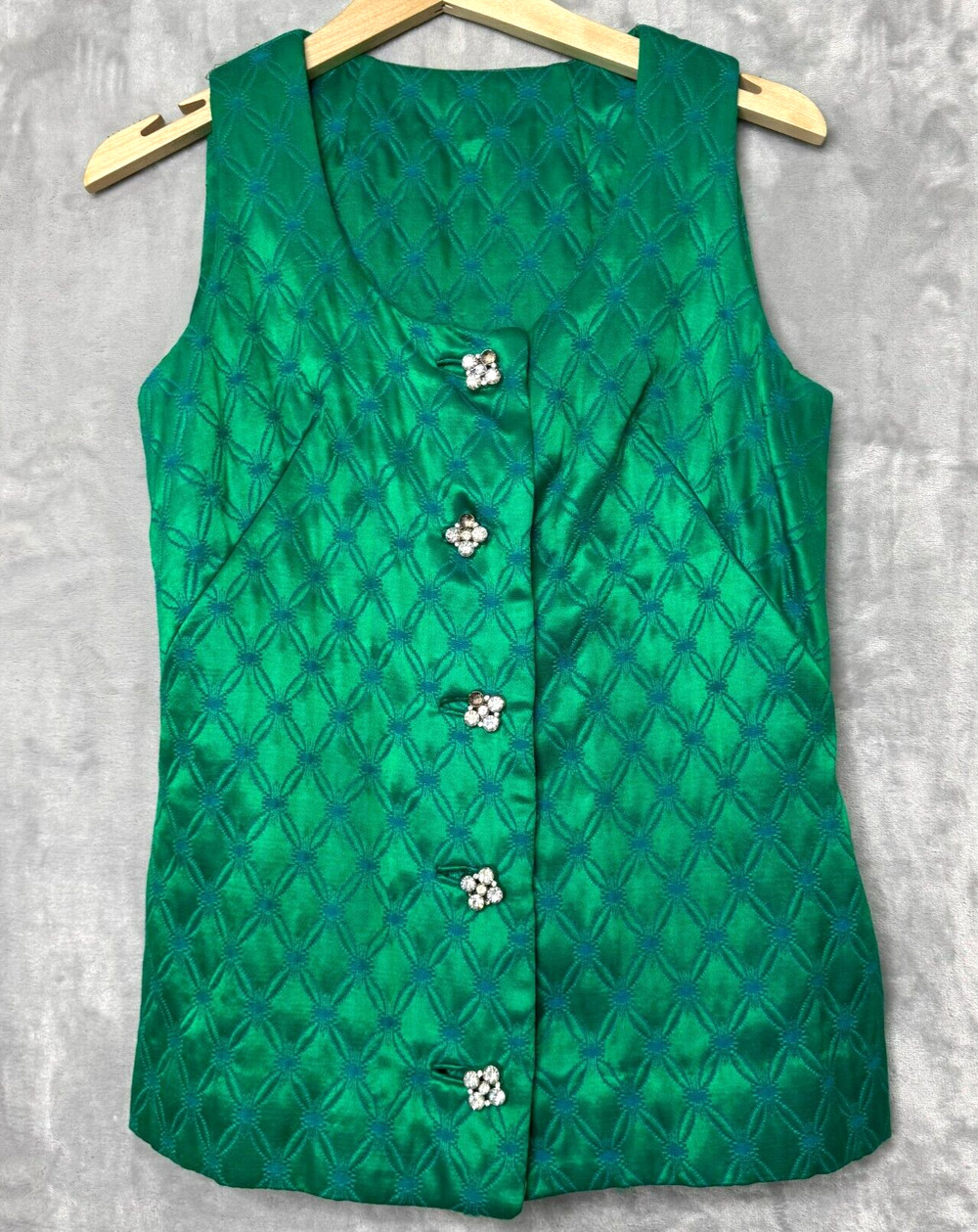 Vintage 1960s Top Womens 12 Green Blue Embroidered Quilted Satin Vest Rhinestone